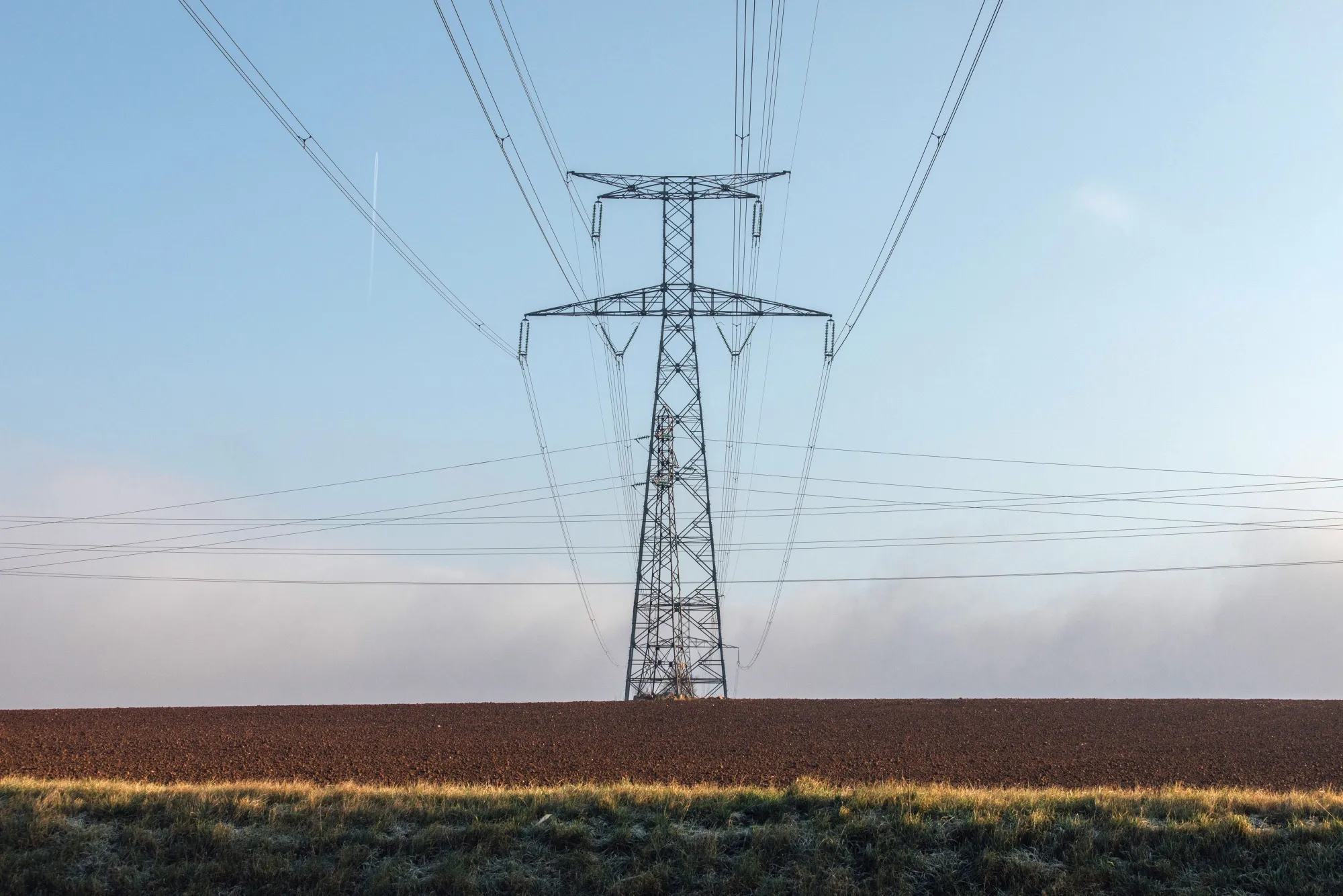 High tension electricity lines in Nogent-sur-Seine, France.