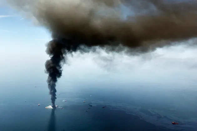 The Deepwater Horizon oil rig burning in the Gulf of Mexico, April 21, 2010