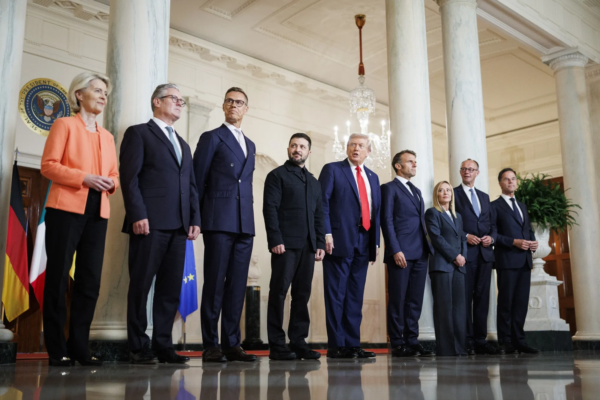 Donald Trump, center right, and Volodymyr Zelenskiy, center left, with European and NATO leaders at the White House in August.