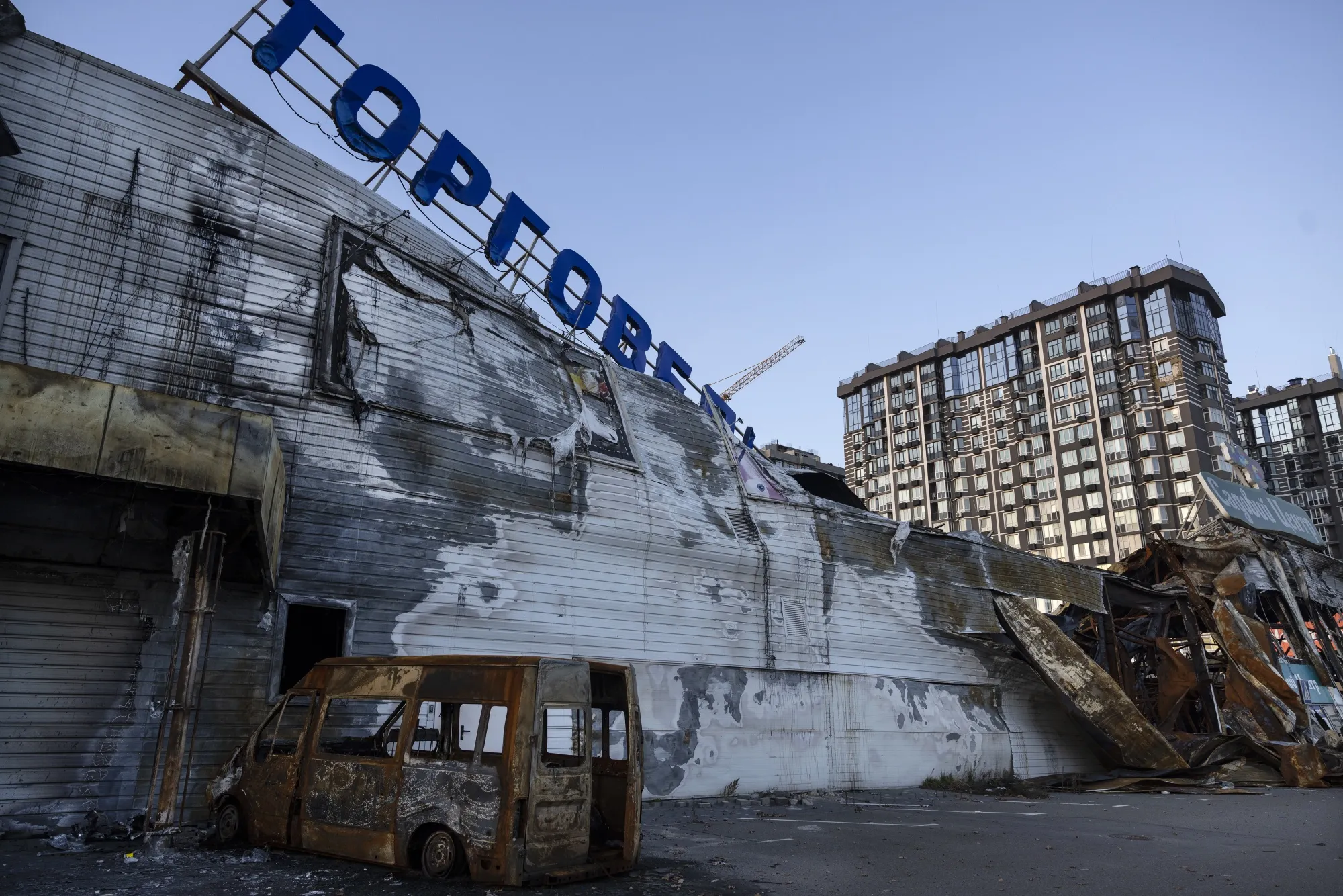 A destroyed shopping center following Russian attacks, in Bucha, Ukraine.