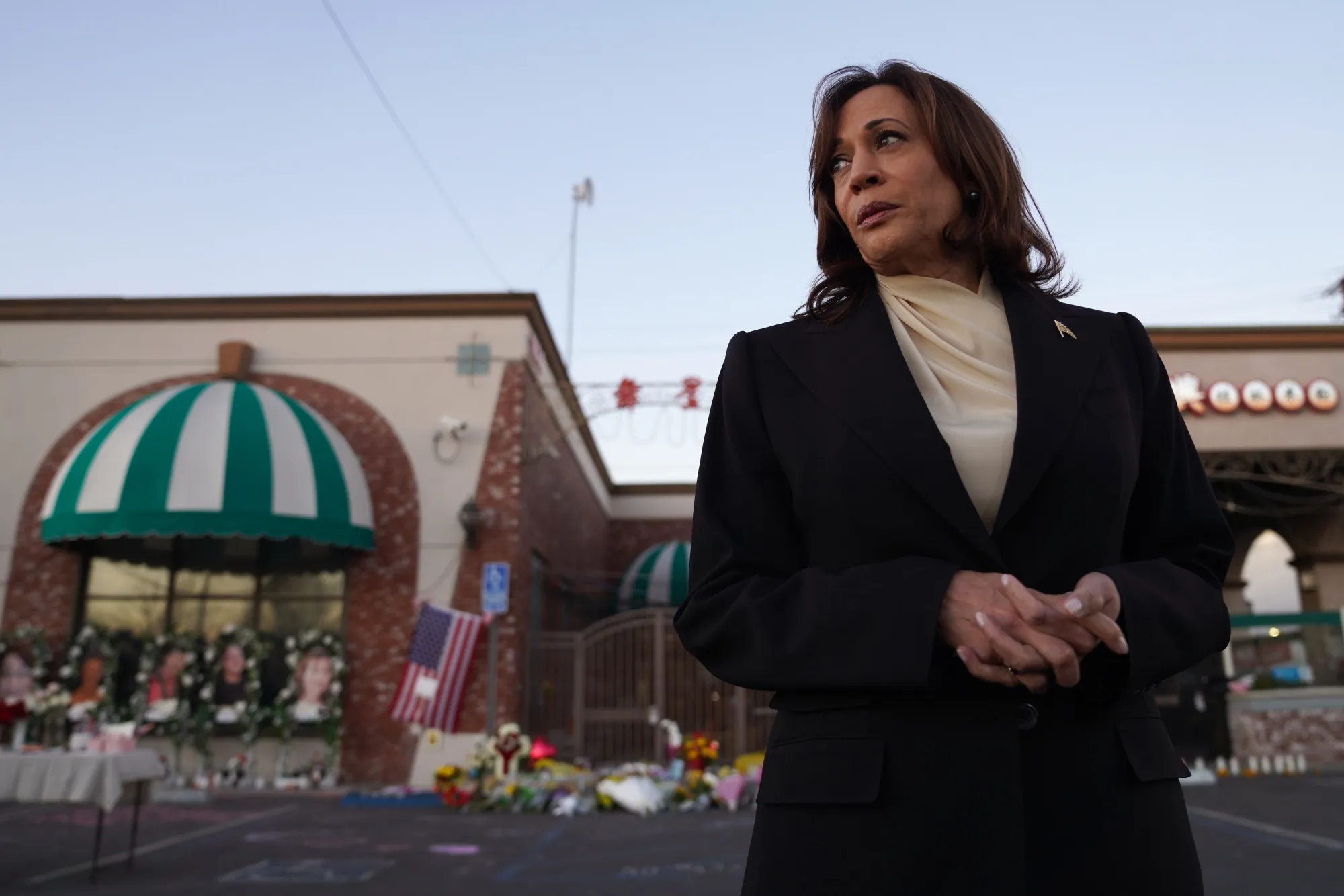 Vice President Kamala Harris pays her respects to the victims of a mass shooting at Star Dance Studio in Monterey Park, California,.&nbsp;