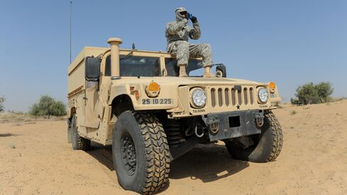 A US soldier takes pictures from a humve