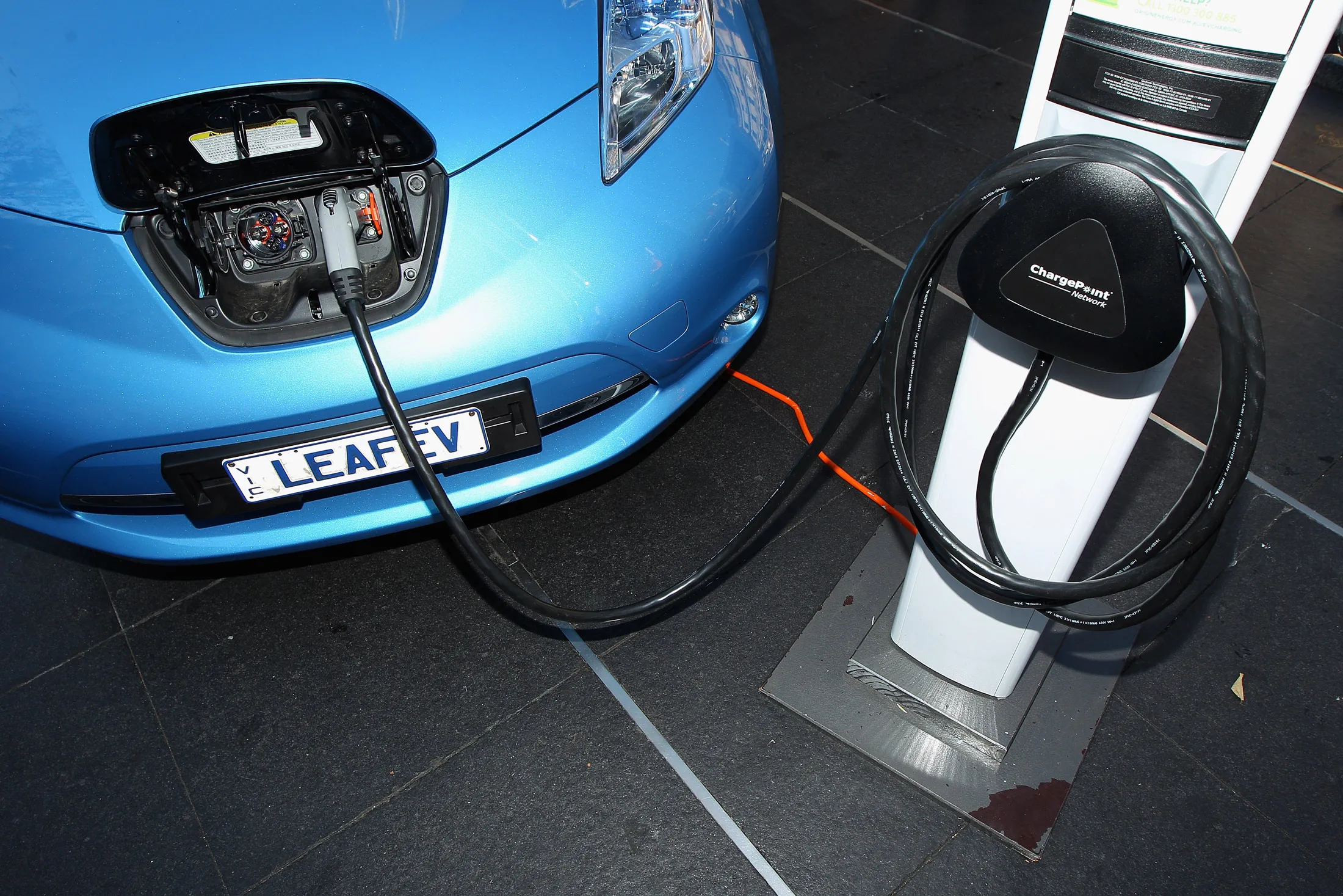 A Nissan Leaf charging station on display at an Australian exhibition in 2012.