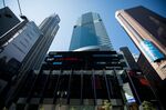 Monitors display stock information outside of Morgan Stanley global headquarters in New York, U.S..