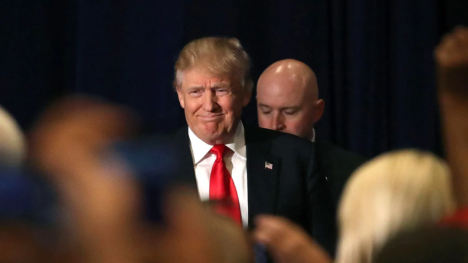 Presumptive Republican presidential nominee Donald Trump arrives for a campaign stop on July 11, 2016, in Virginia Beach, Virginia.
