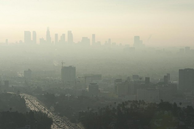 Looking south over Los Angeles and the 101 Freeway, with the morning haze and smog on Jan. 28