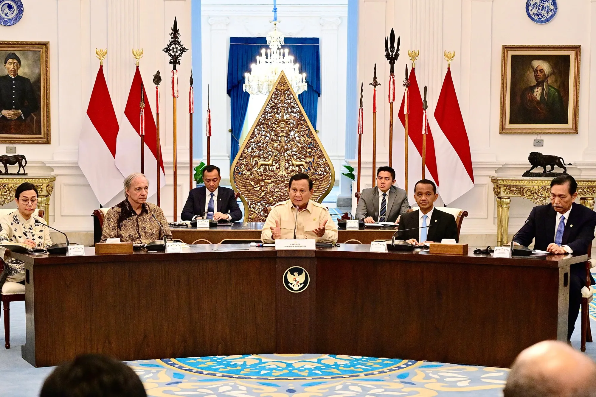 Prabowo Subianto, center, with Ray Dalio, center left, in Jakarta on March 7.