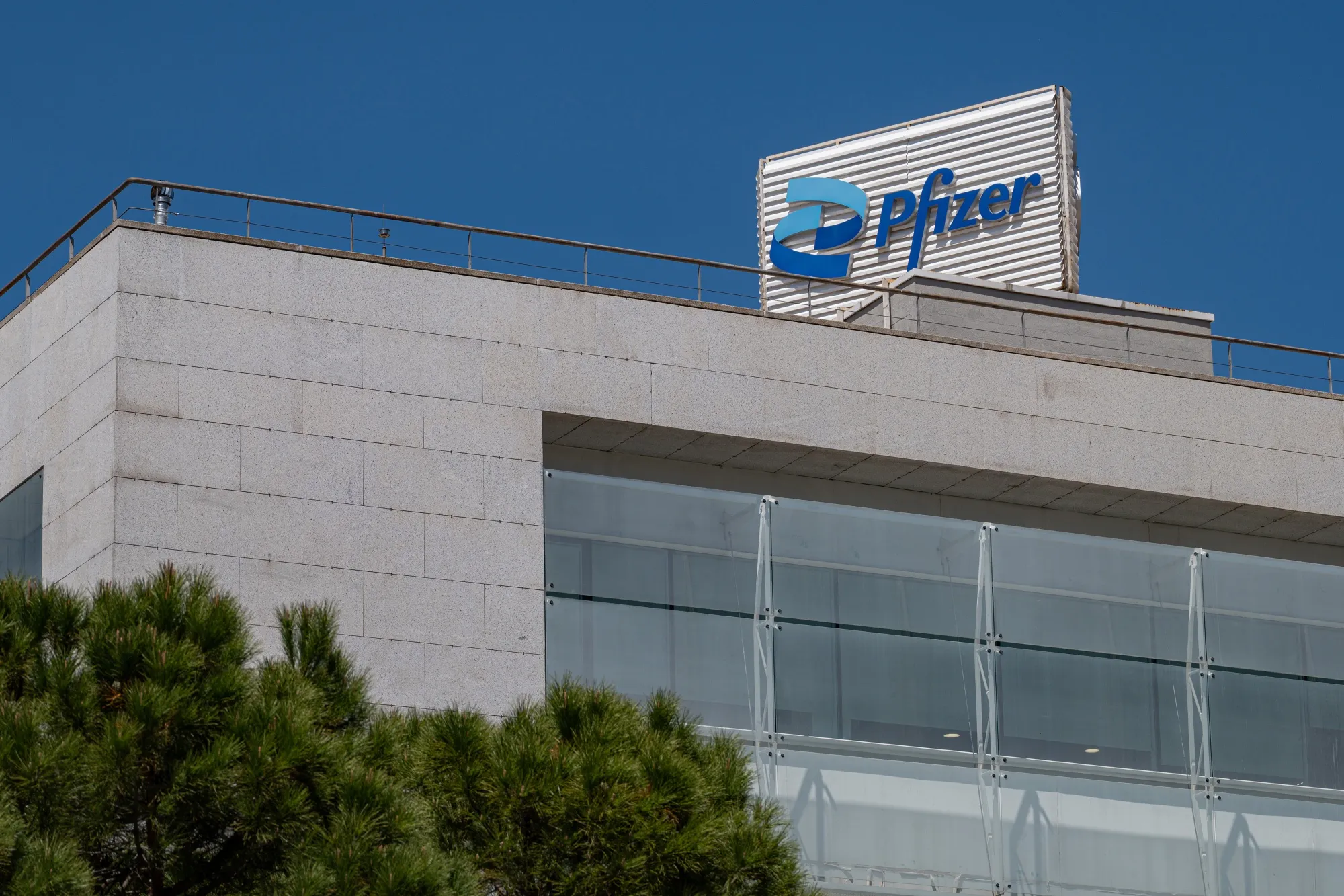 A Pfizer Inc. logo at the company's office.