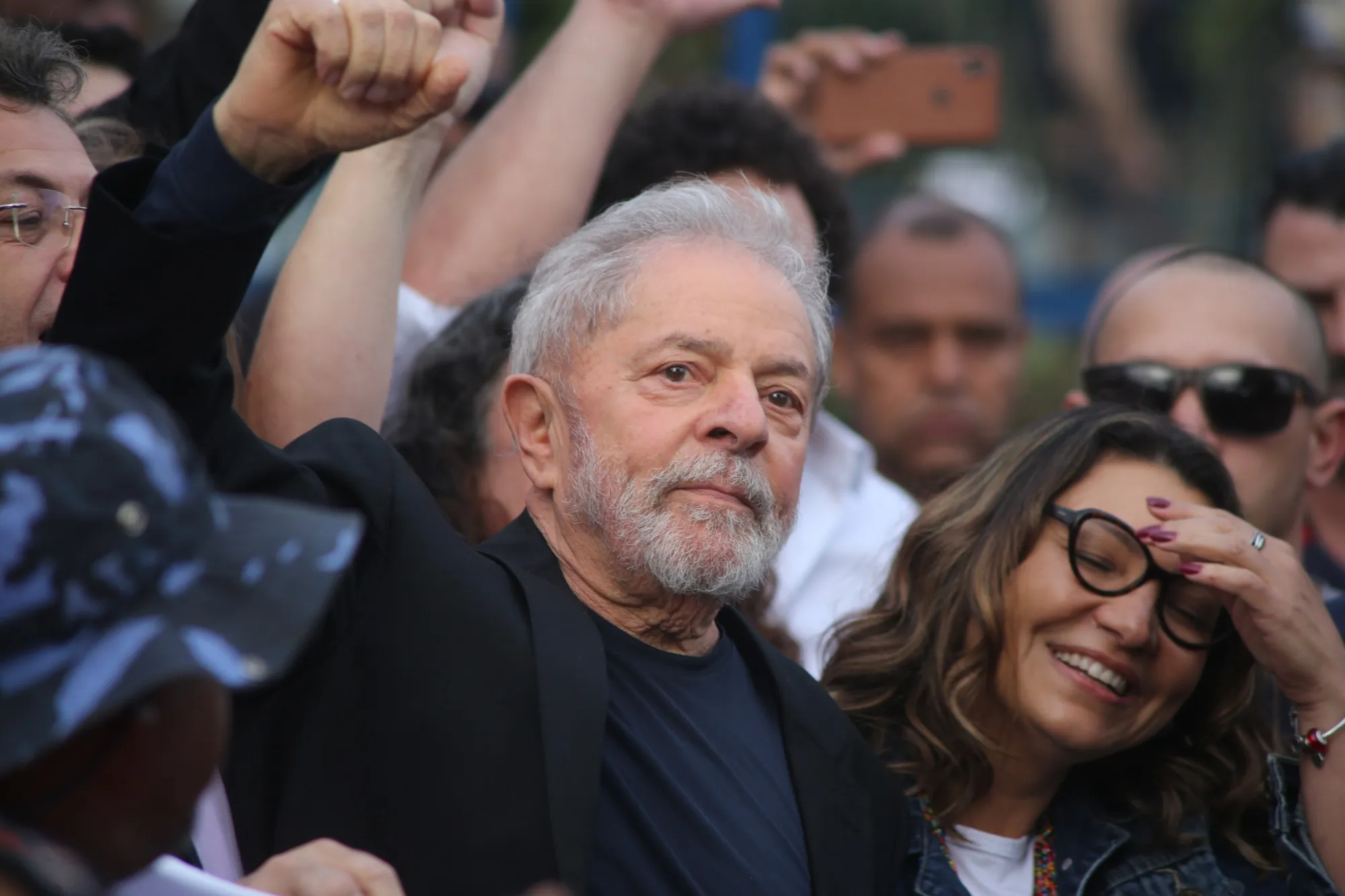 Luiz Inacio Lula da Silva greets supporters after being released from jail in Curitiba on Nov. 8.