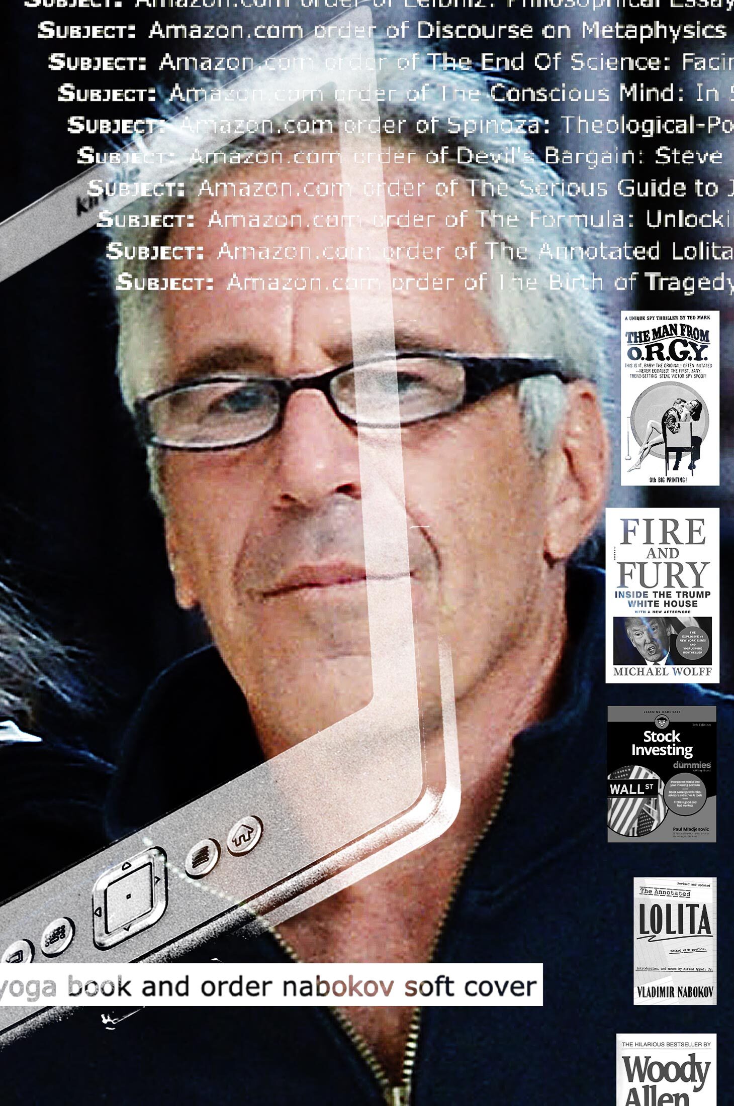 Lede image of Jeffrey Epstein wearing glasses overlaid with an image of a Kindle reading device, book covers of books he ordered from Amazon and some text from his book order emails.