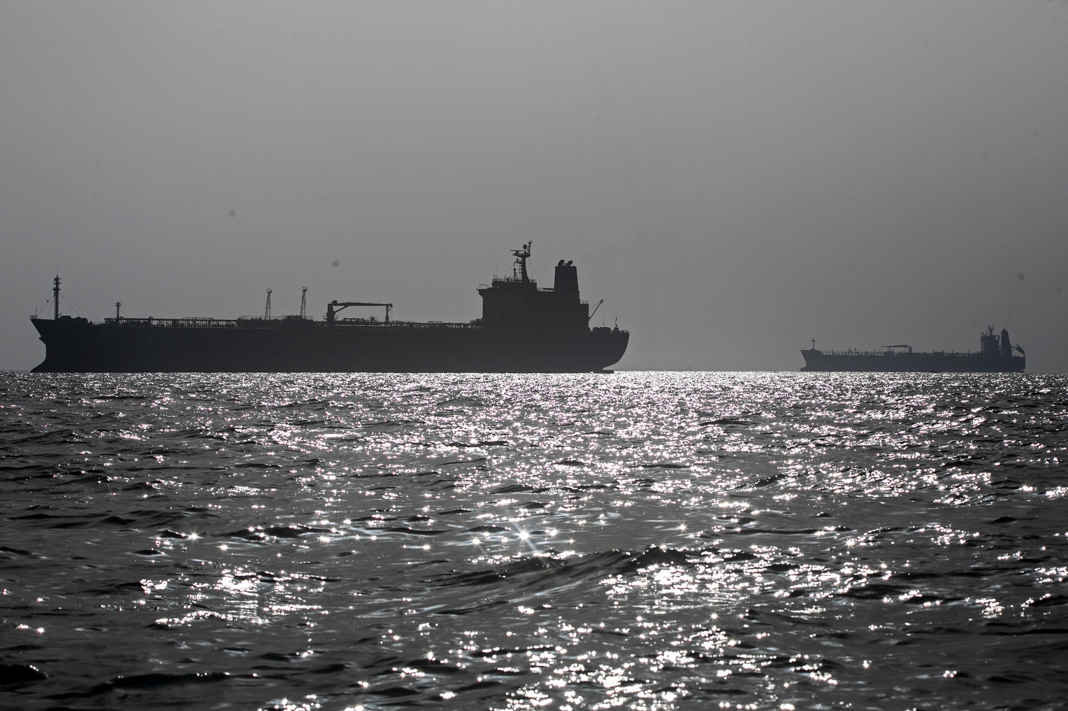 Ships anchored in the Strait of Hormuz near Larak Island, Iran on May 16.
