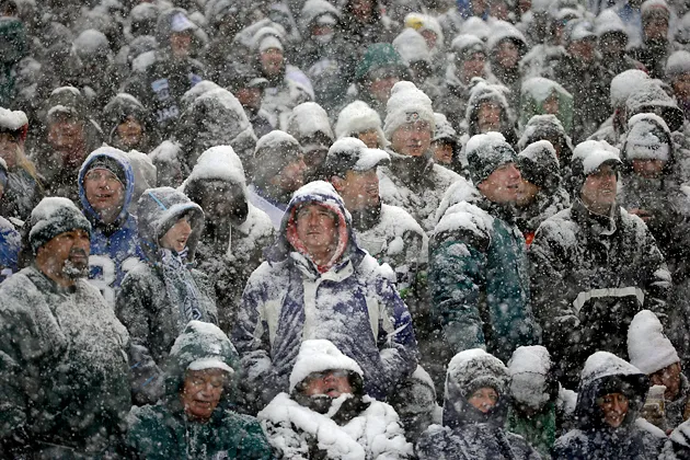 Fans during a snowy December game between the Philadelphia Eagles and the Detroit Lions
