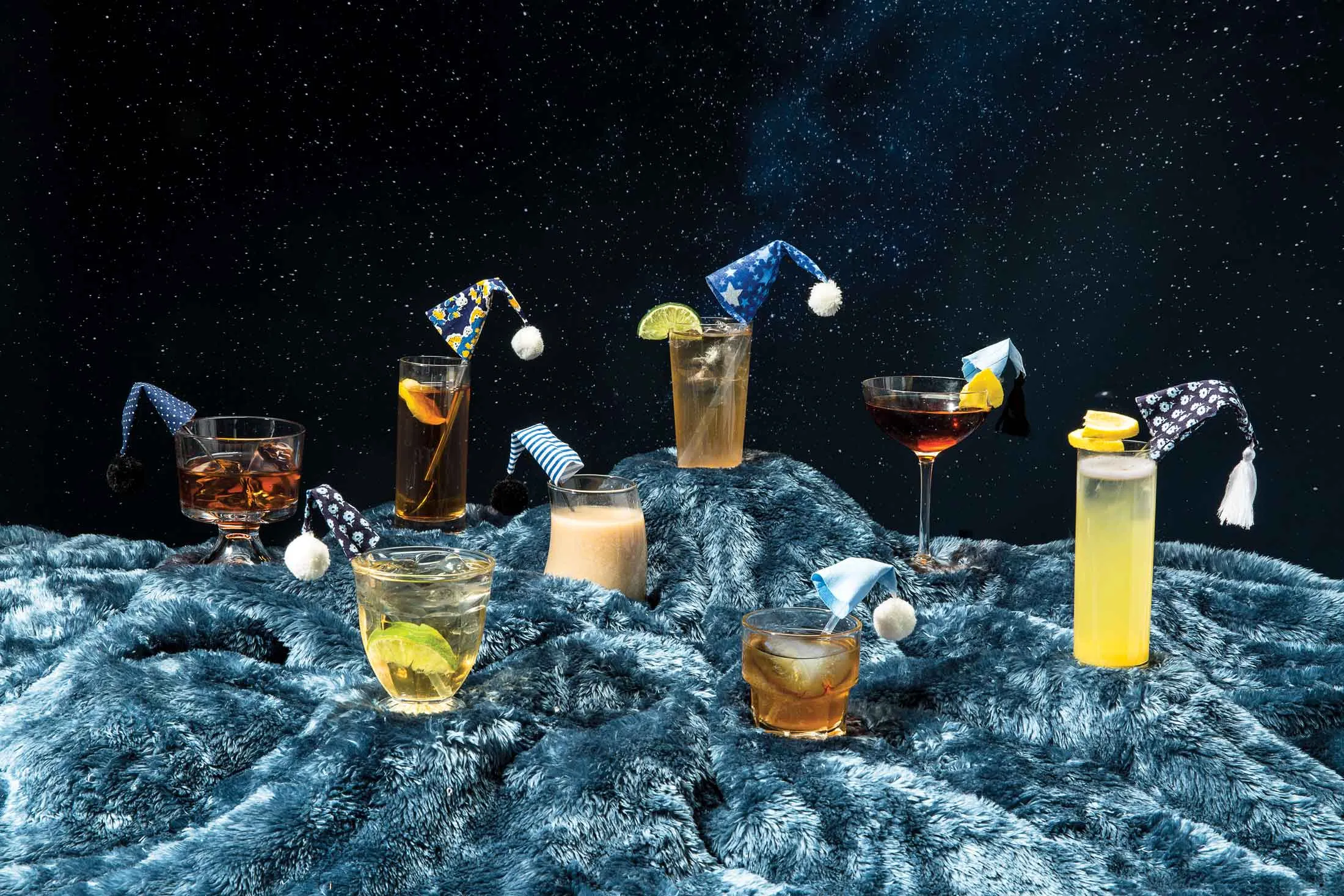 Back row (from left): After-School Special, Grand Street Cocktail, Rum &amp; Tonic, Off Broadway, Pineapple Rum Rickey. Front row: Corn ’n’ Oil, The White Walker, Play Crack the Sky.
