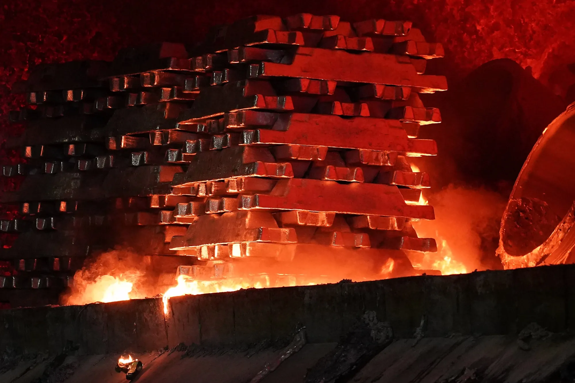 Aluminum ingots in a furnace at the Impol Seval AD Sevojno plant in Sevojno.