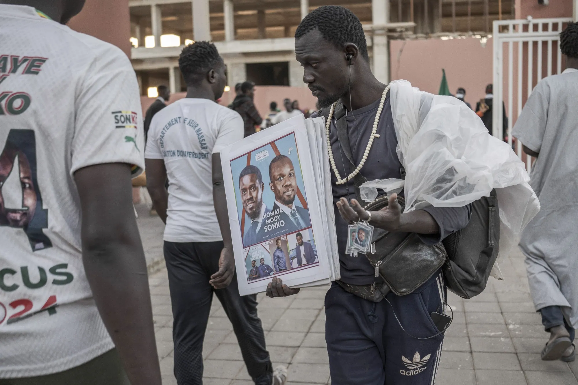 A vendor sells merchandise in support of Ousmane Sonko, in Dakar.&nbsp;