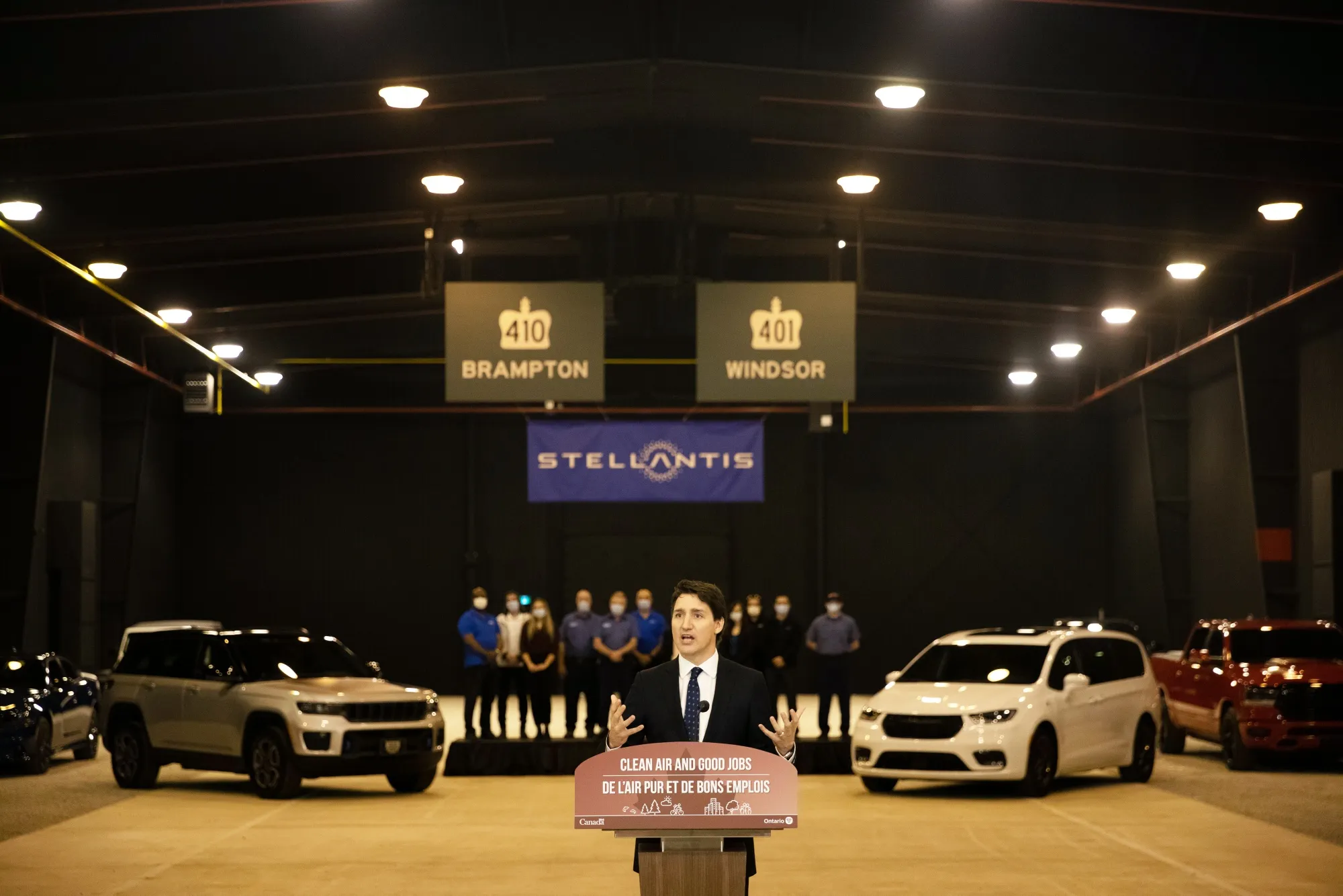 Prime Minister Justin Trudeau speaks at a Stellantis facility in Windsor, Ontario last year.