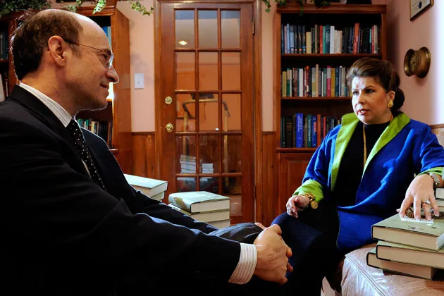 Kenneth Rogoff (left) and Carmen Reinhart meet in Reinhart's home in Washington in 2010