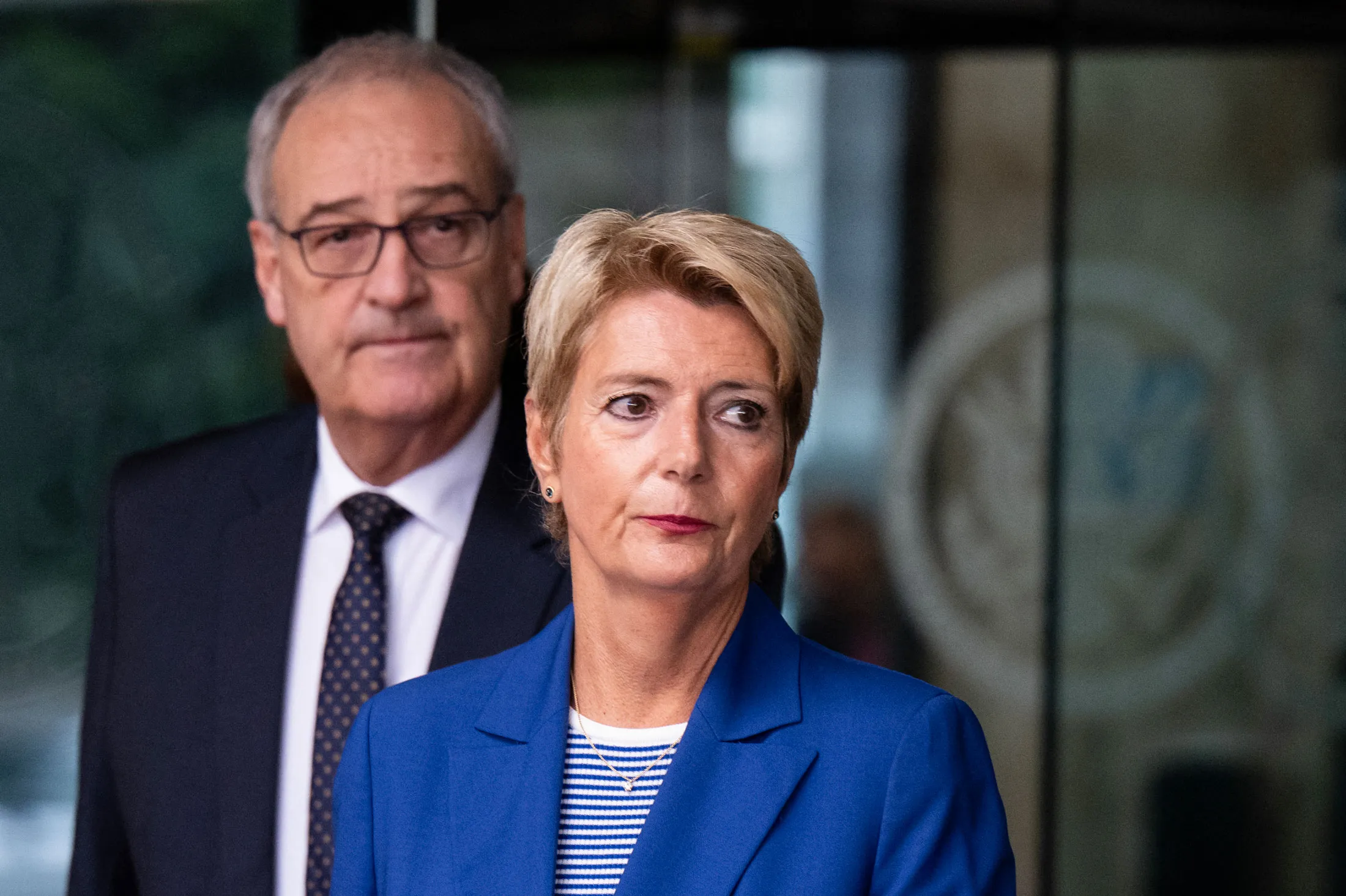 Karin Keller-Sutter departs the US Department of State in Washington, DC, on Aug. 6.