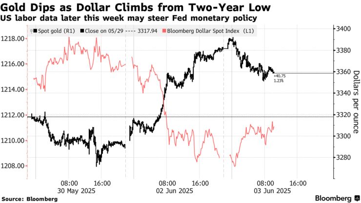 Gold Dips as Dollar Climbs from Two-Year Low | US labor data later this week may steer Fed monetary policy