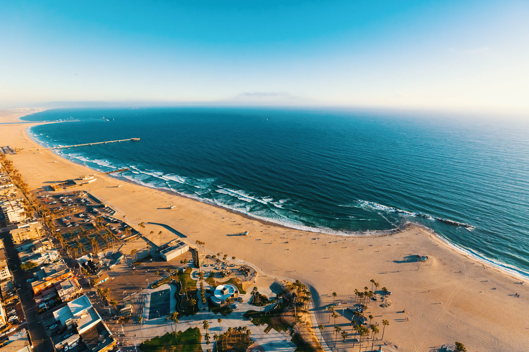 An aerial view of the shoreline in Venice Beach, Calif.