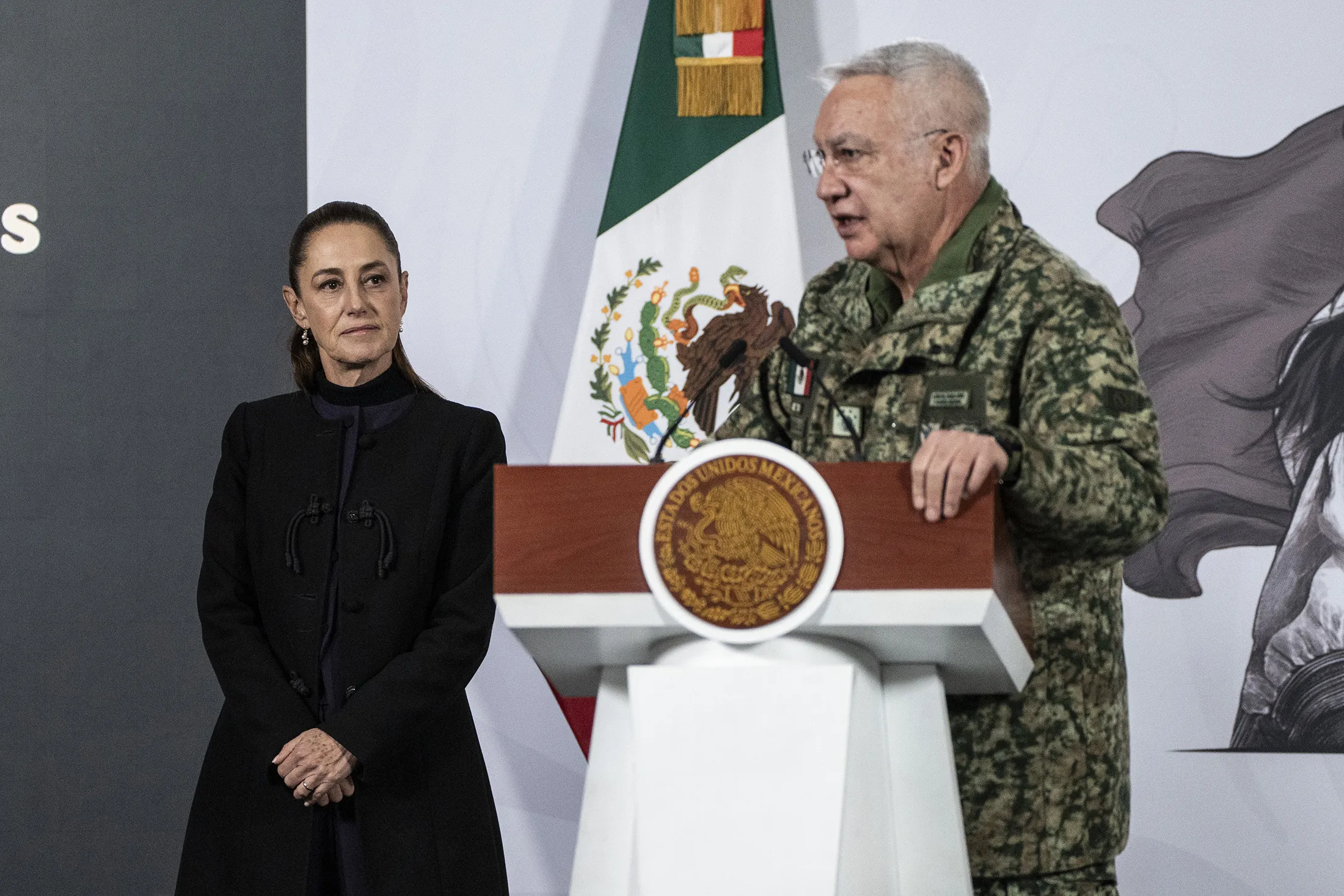 Ricardo Trevilla Trejo, Mexico’s defense secretary, speaks alongside President Claudia Sheinbaum at a briefing at Palacio Nacional in Mexico City, Mexico, on Feb. 23, 2026.