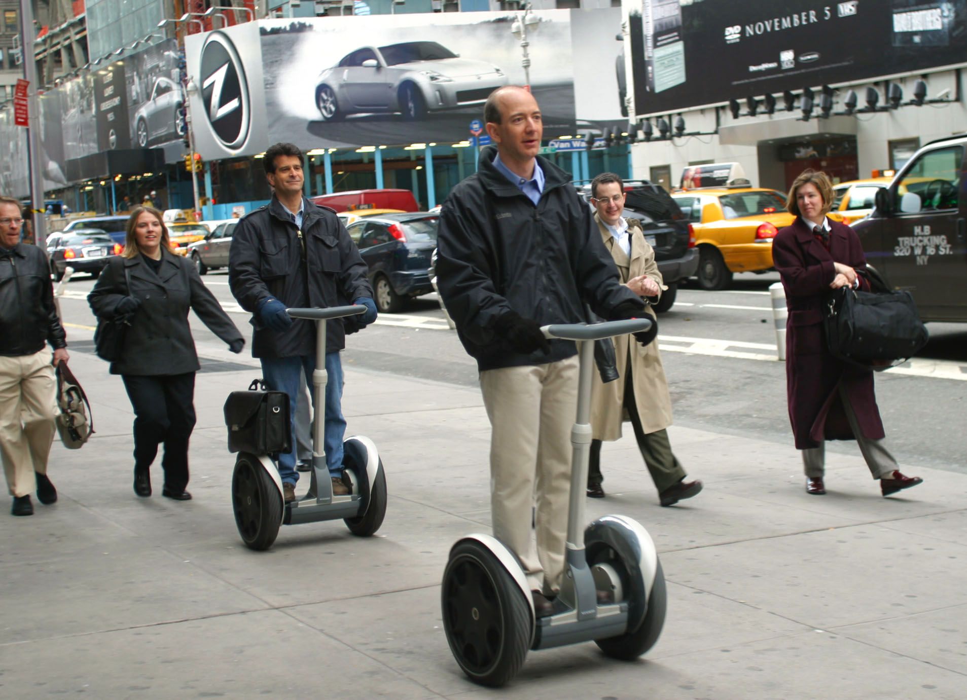 Kings of the road: Amazon&nbsp;founder Jeff Bezos (front) tries out a Segway with&nbsp;inventor Dean Kamen&nbsp;in New York's Times Square in 2002.&nbsp;