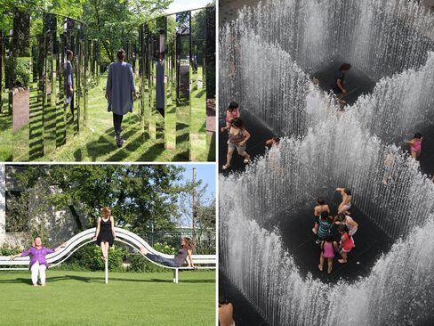 (Clockwise from top left) Jeppe Hein, Semicircular Mirror Labyrinth II, 2013; Jeppe Hein, Appearing Rooms, 2004; eppe Hein, Long Modified Bench Oppenheim, 2008