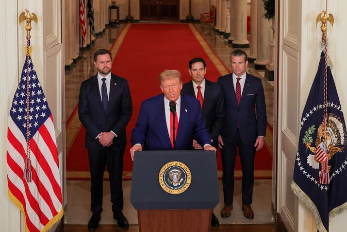 US Vice President JD Vance, from left, US President Donald Trump, Marco Rubio, US secretary of state, and Pete Hegseth, US secretary of defense, during an address to the nation in the East Room of the White House in Washington, DC, US, on Saturday.