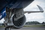 The engine and wing tip of the Boeing 777X test aircraft on the tarmac at Changi Airport, in Singapore.