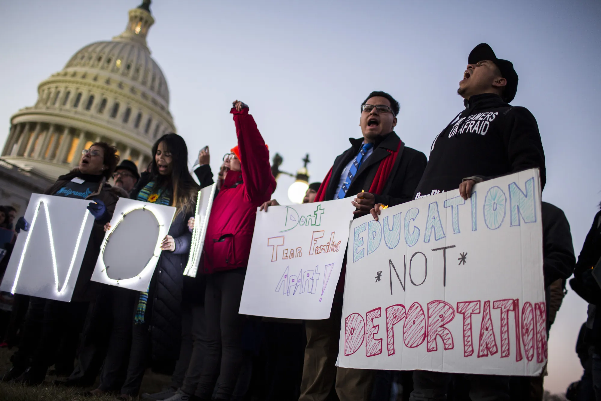 Demonstrators hold signs during a rally supporting the Deferred Action for Childhood Arrivals program (DACA), or the Dream Act, outside the U.S. Capitol building in Washington, D.C., on&nbsp;Jan. 18.&nbsp;