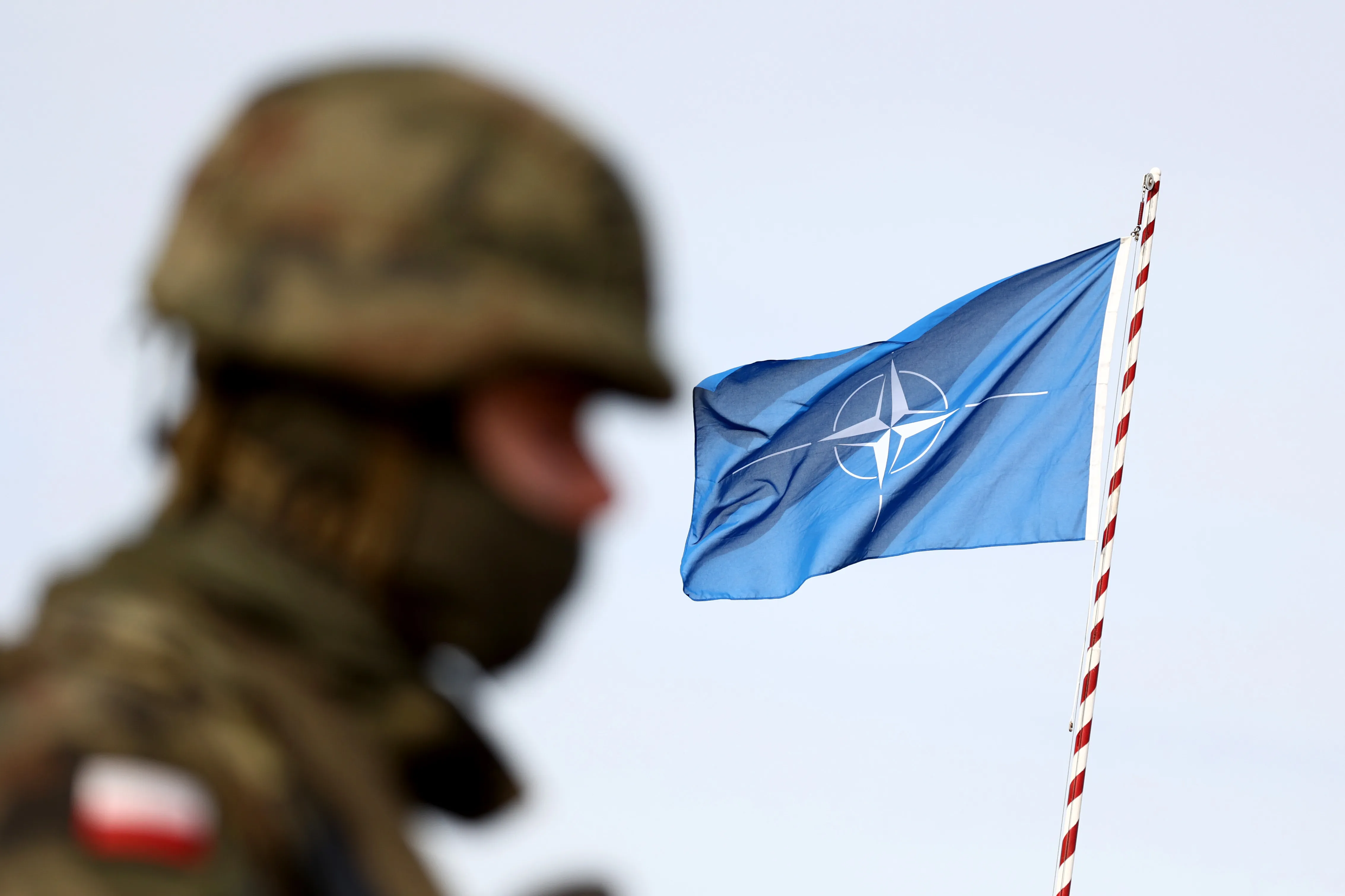 A North Atlantic Treaty Organization flag flies during the&nbsp;Brilliant Jump 2024 exercise in&nbsp;Poland&nbsp;on&nbsp;Feb. 26.