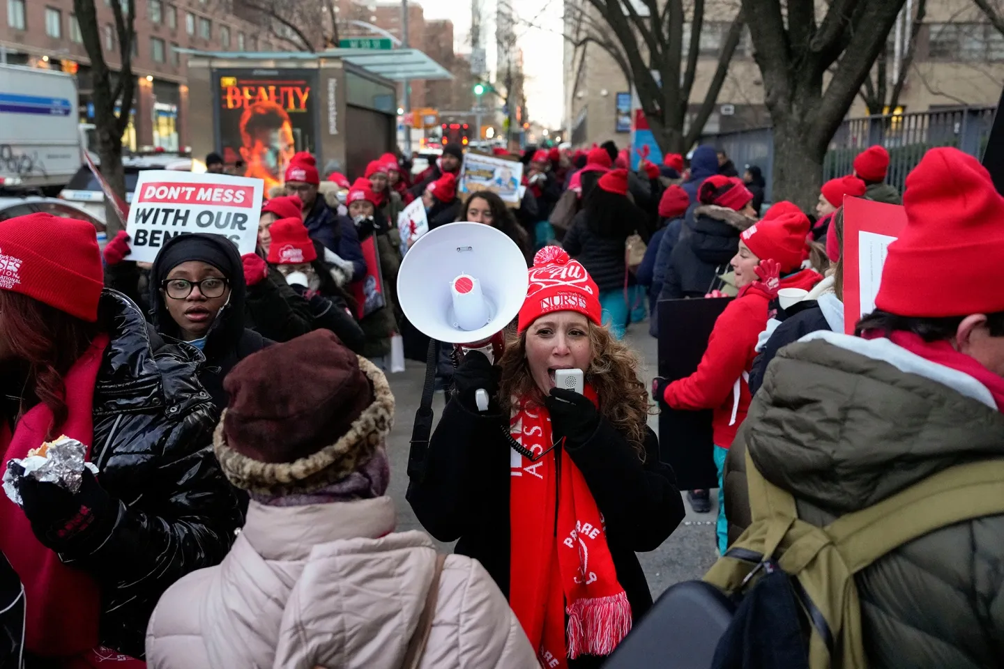 Nurses strike outside Mount Sinai West Hospital in New York on Jan. 12.