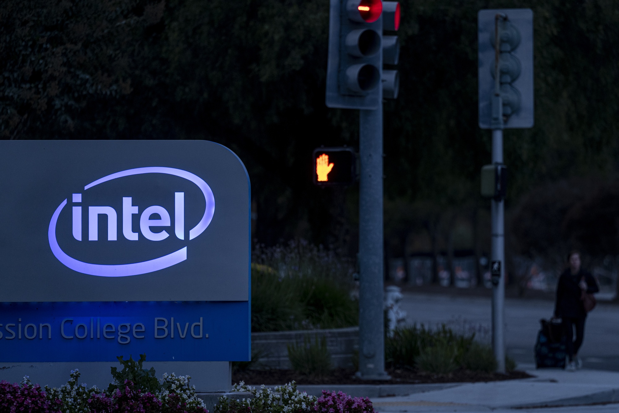 Signage at the entrance to the Intel headquarters in Santa Clara, California, U.S., on Tuesday, Oct. 19, 2021. Intel Corp. is scheduled to release earnings figures on Oct. 21.