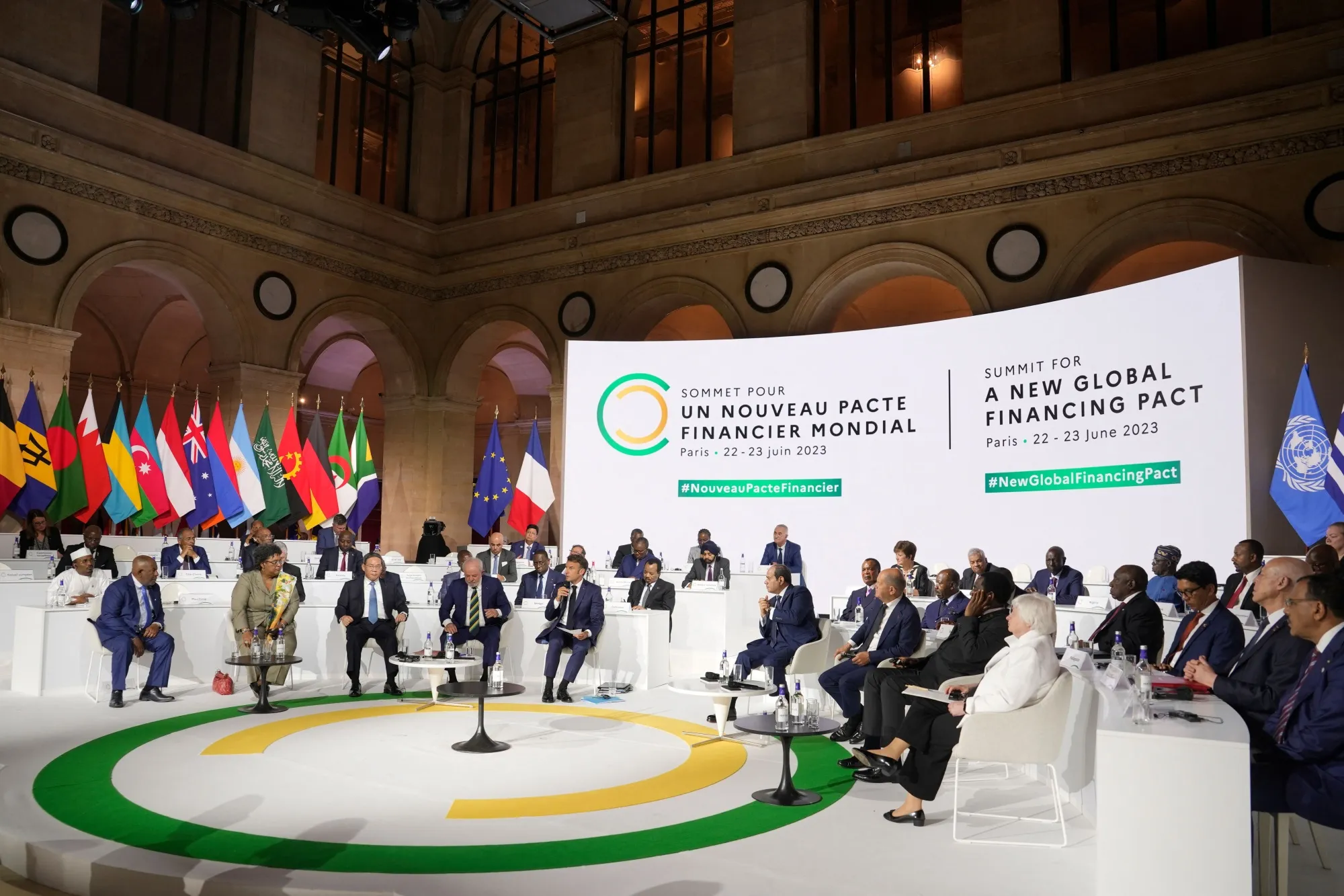 World leaders and finance leaders attend the closing session of the New Global Financial Pact Summit, in Paris on June 23