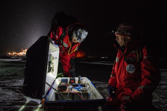 Scientists from the University of Colorado measure how fast the greenhouse gases carbon dioxide and methane move between the atmosphere and the ocean, on Nov. 20, 2019. 