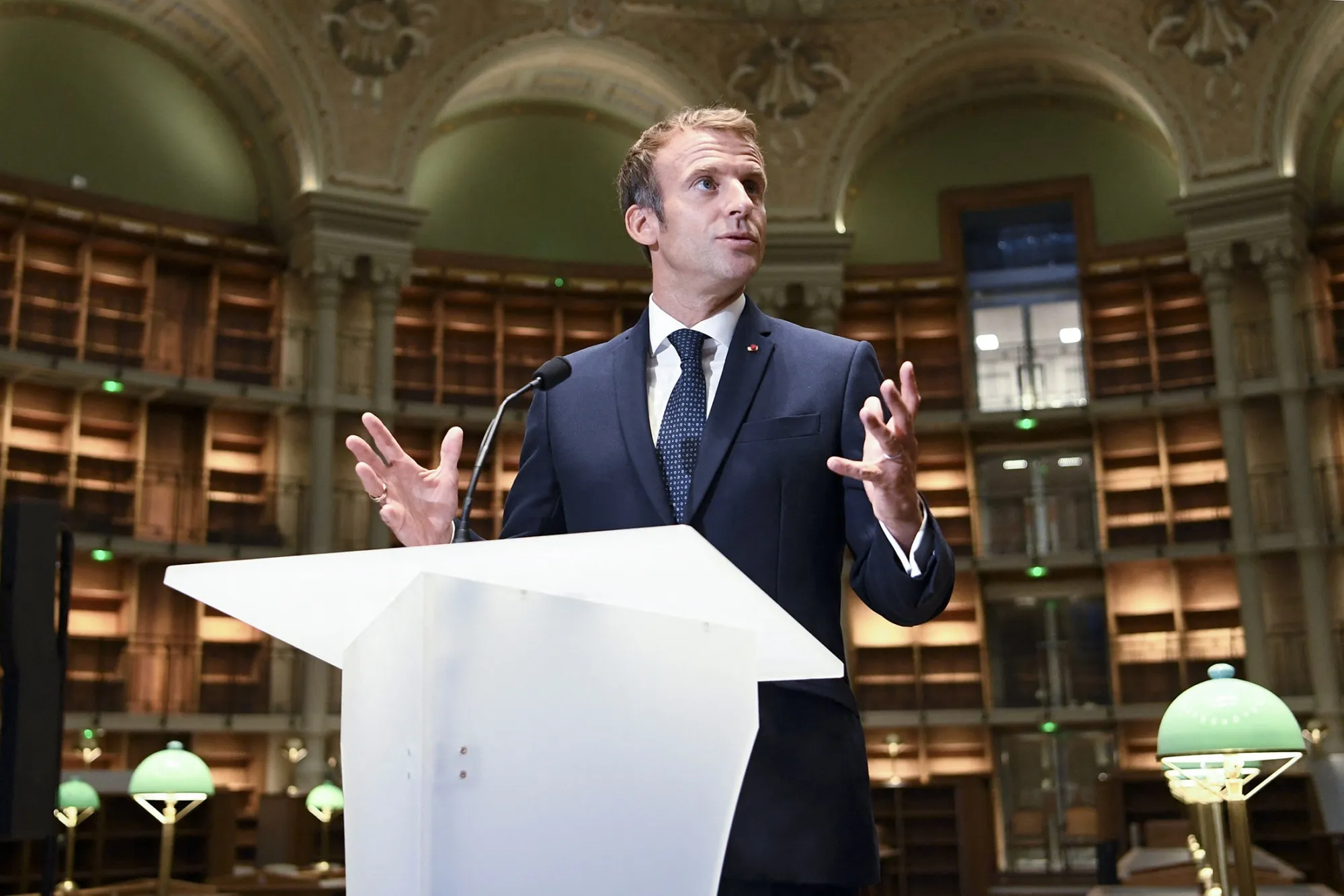 President Emmanuel Macron delivers a speech at the Richelieu site of the Bibliotheque Nationale de France, on&nbsp;Sept.&nbsp;28.