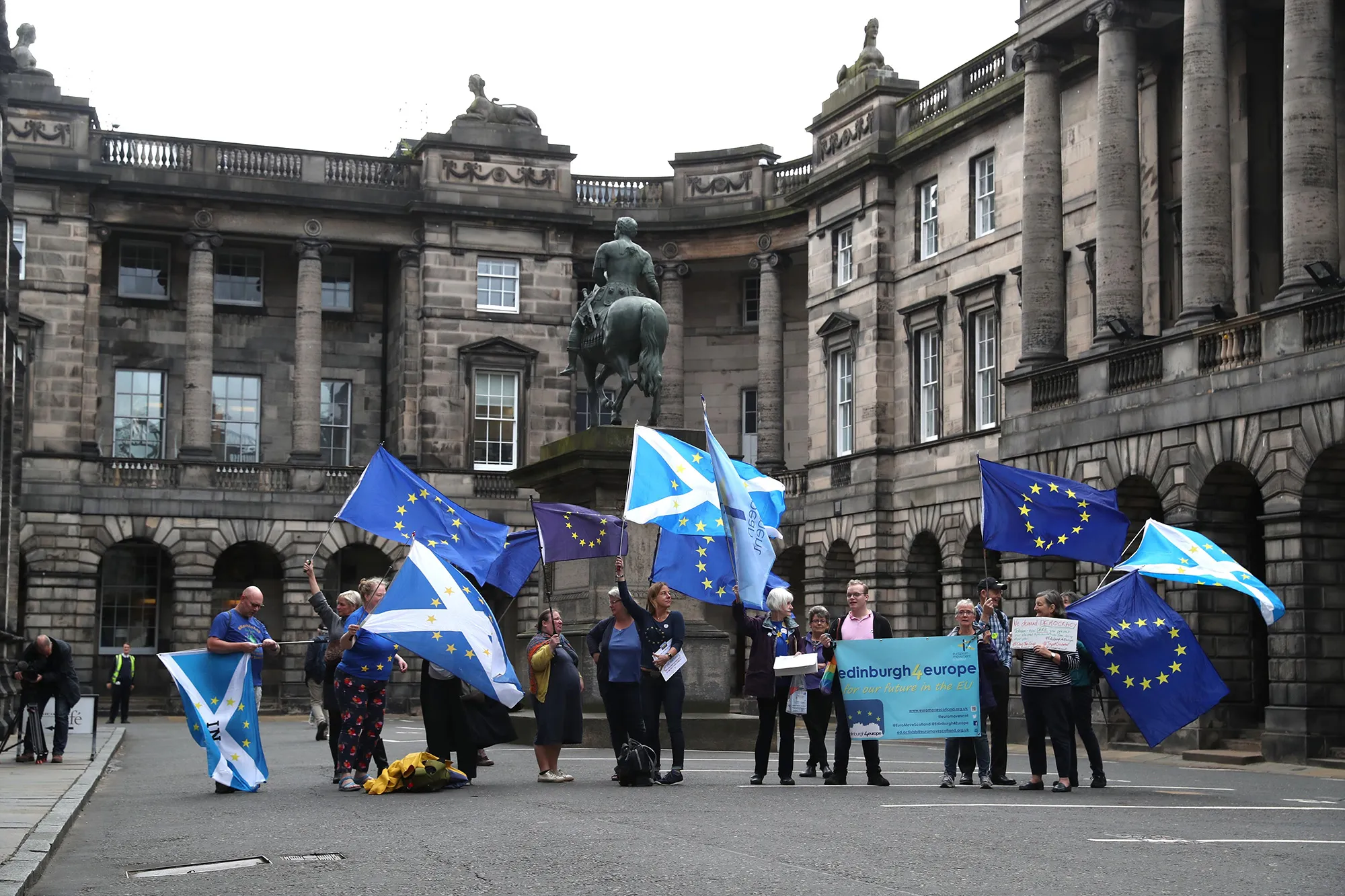Pro-EU demonstrators outside the Court of Session in Edinburgh on Sept. 3.