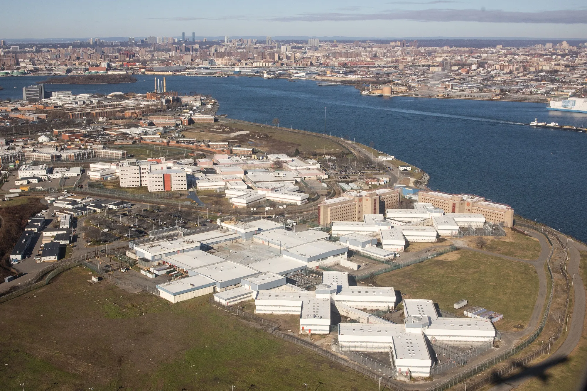 Rikers Island, as seen from a departing flight from Laguardia Airport, in 2022.