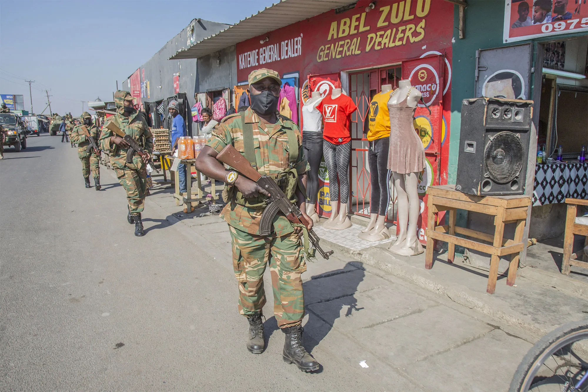 Zambian soldiers patrol the Chawama Compound to curb political violence in the run-up to the election.