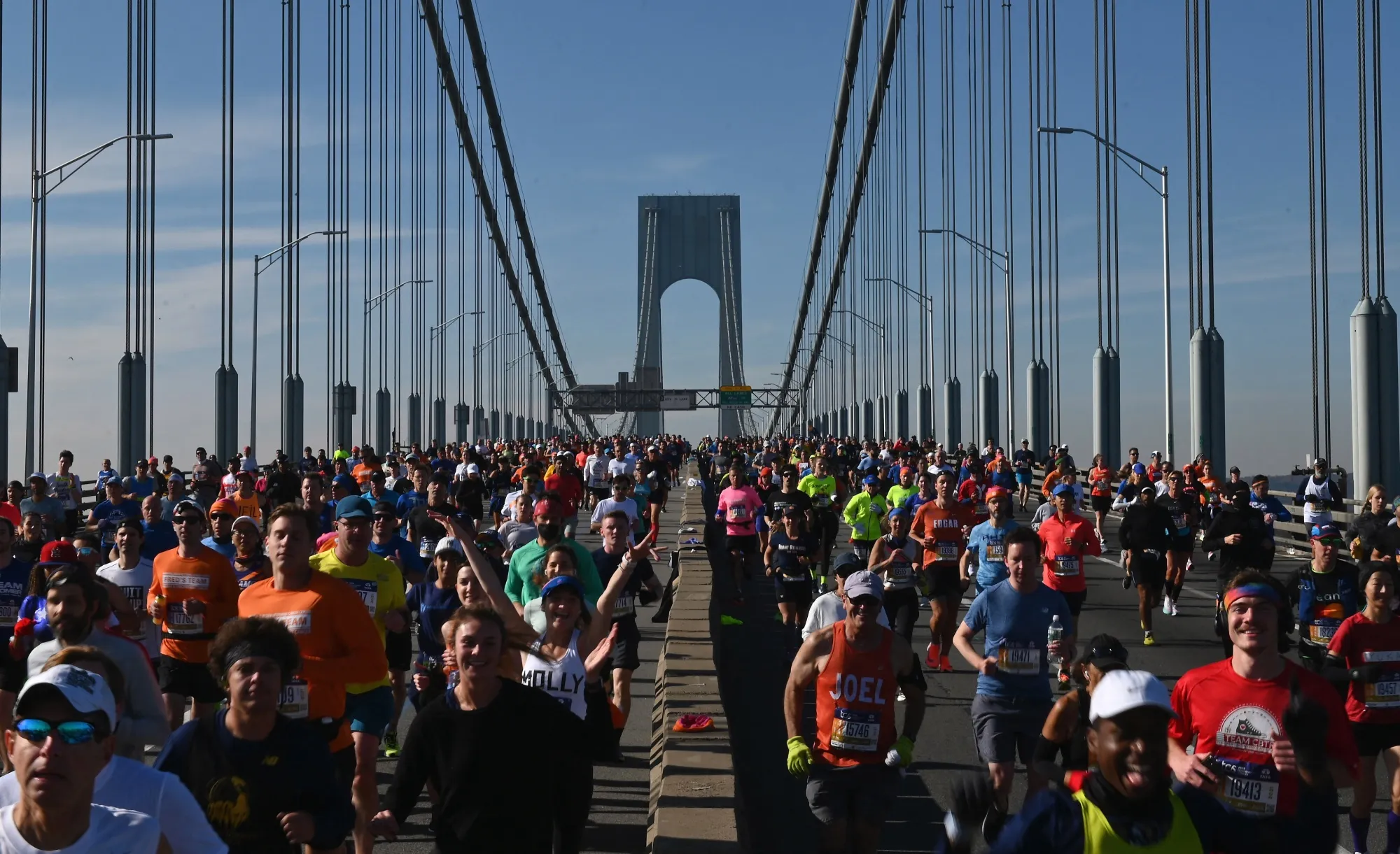 Runners cross the Verrazzano-Narrows Bridge.