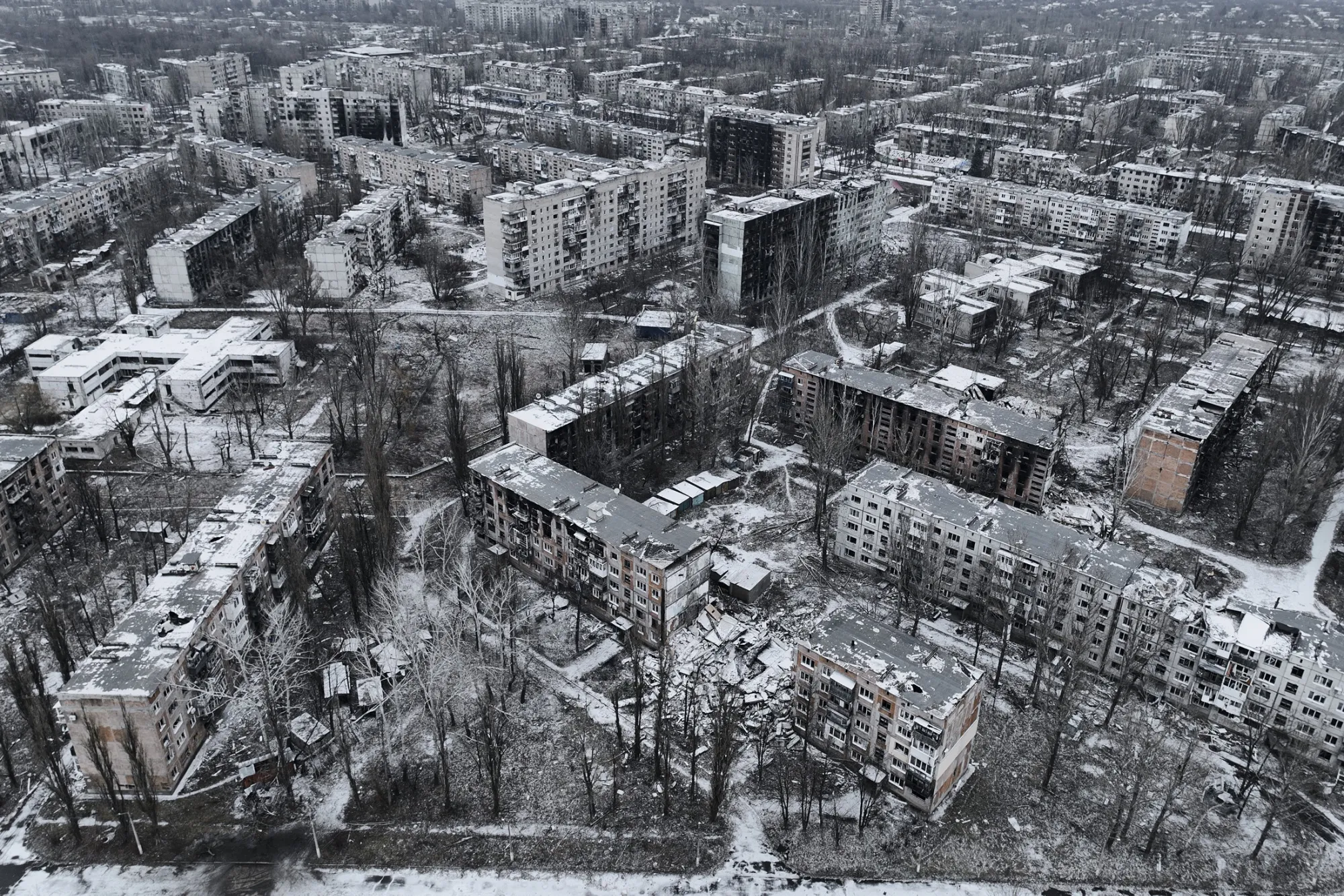 Destroyed and damaged buildings in Avdiivka, Ukraine, in December.