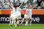 Alex Morgan (2nd of right) of USA celebrates after she scores her team's 3rd goal during the FIFA Women's World Cup 2011 Semi Final match between France and USA at Borussia-Park on July 13, 2011 in Moenchengladbach, Germany.