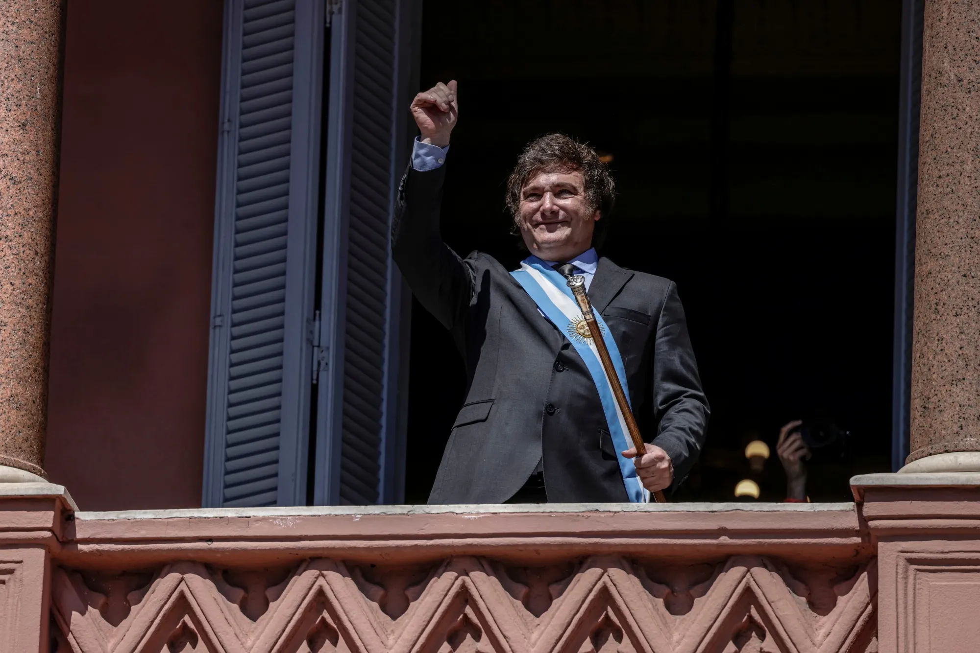 Javier Milei, Argentina’s president, delivers a speech from the balcony of the Casa Rosada in Buenos Aires, Argentina, on Sunday, Dec. 10, 2023.