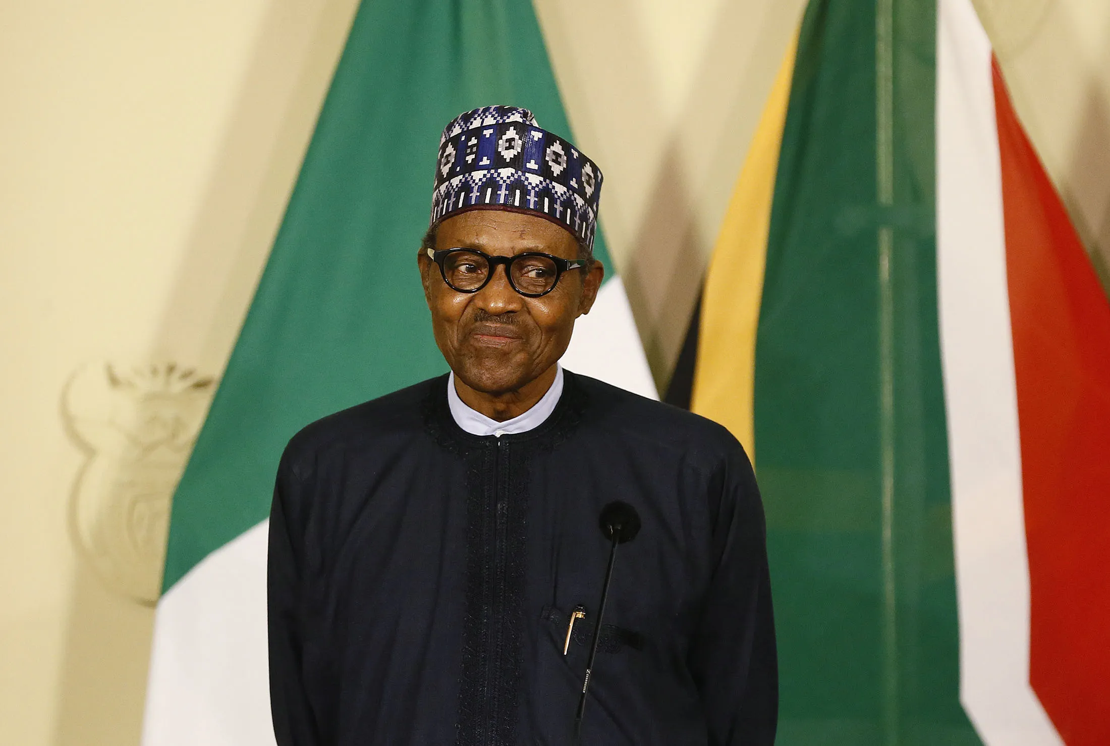 Muhammadu Buhari attends a press conference&nbsp;in Pretoria&nbsp;on Oct. 3, 2019.&nbsp;