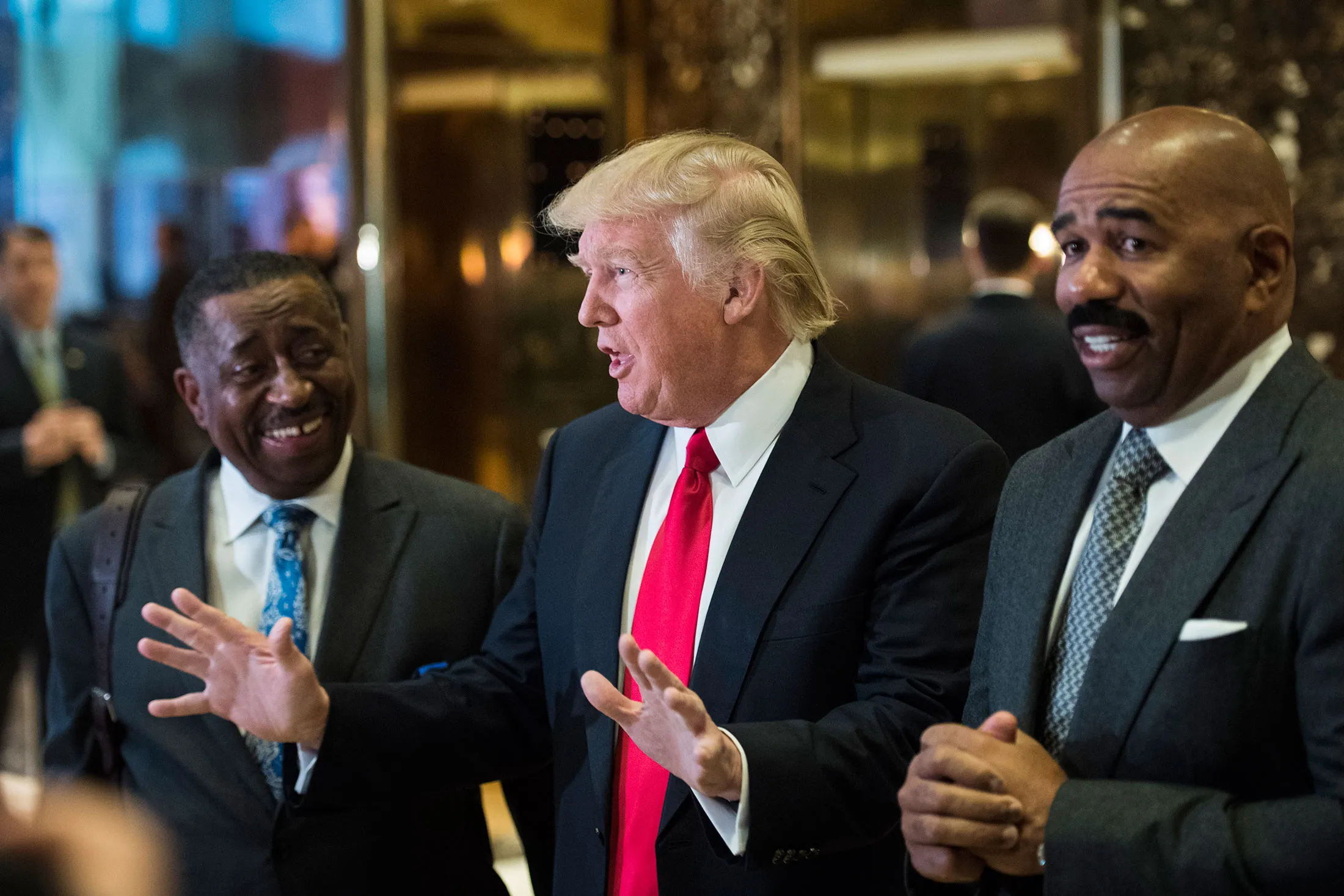 President-elect Donald Trump speaks to reporters in the lobby of Trump Tower in New York, NY on Jan. 13,.
