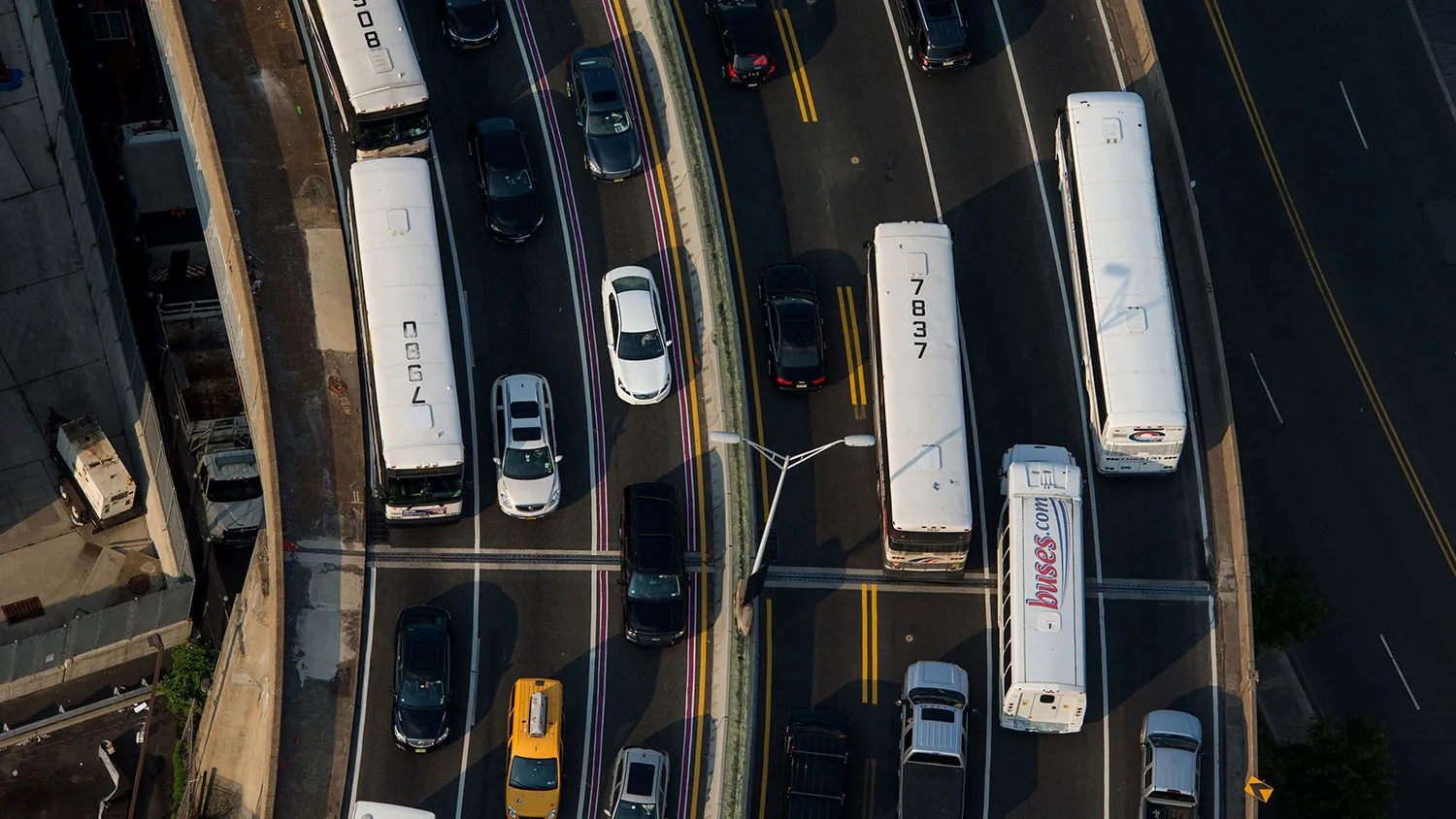Traffic stands near the Lincoln Tunnel in this aerial photograph taken above Weehawken, New Jersey, on June 10, 2015.
