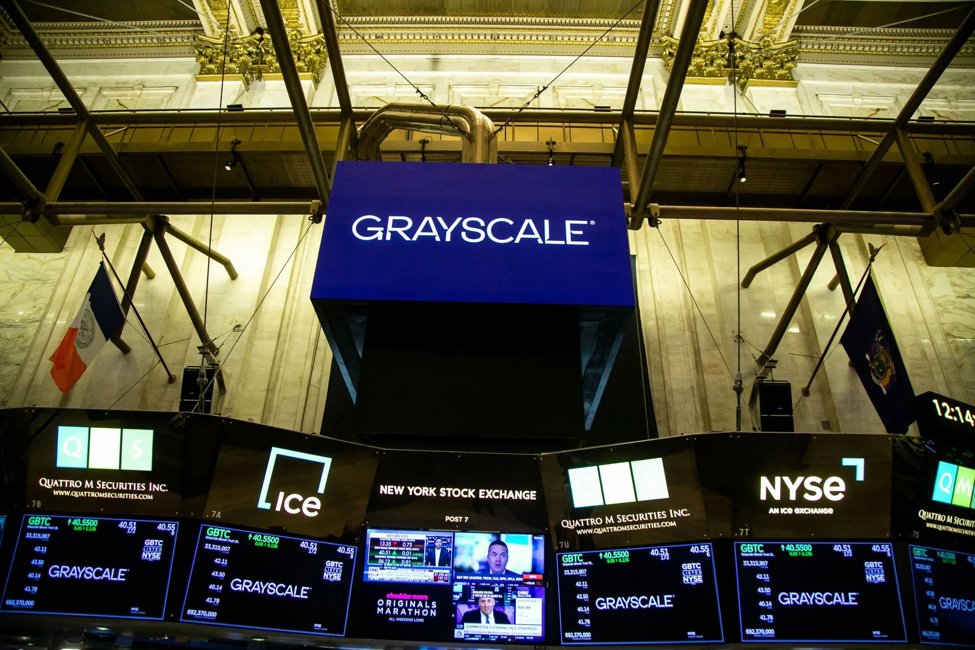 Grayscale Bitcoin Trust ETF (GBTC) signage on the floor of the New York Stock Exchange (NYSE).