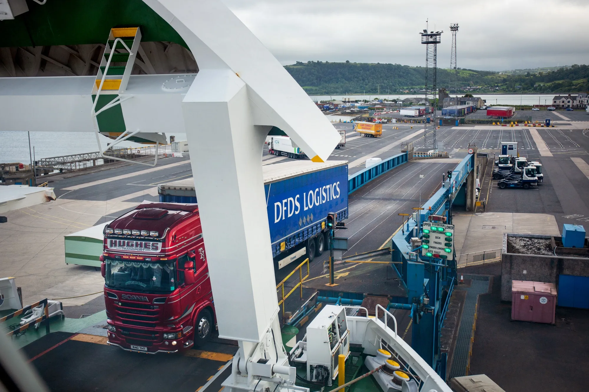 A haulage truck&nbsp;boards a ferry at Larne Port in Larne, Northern Ireland, UK.