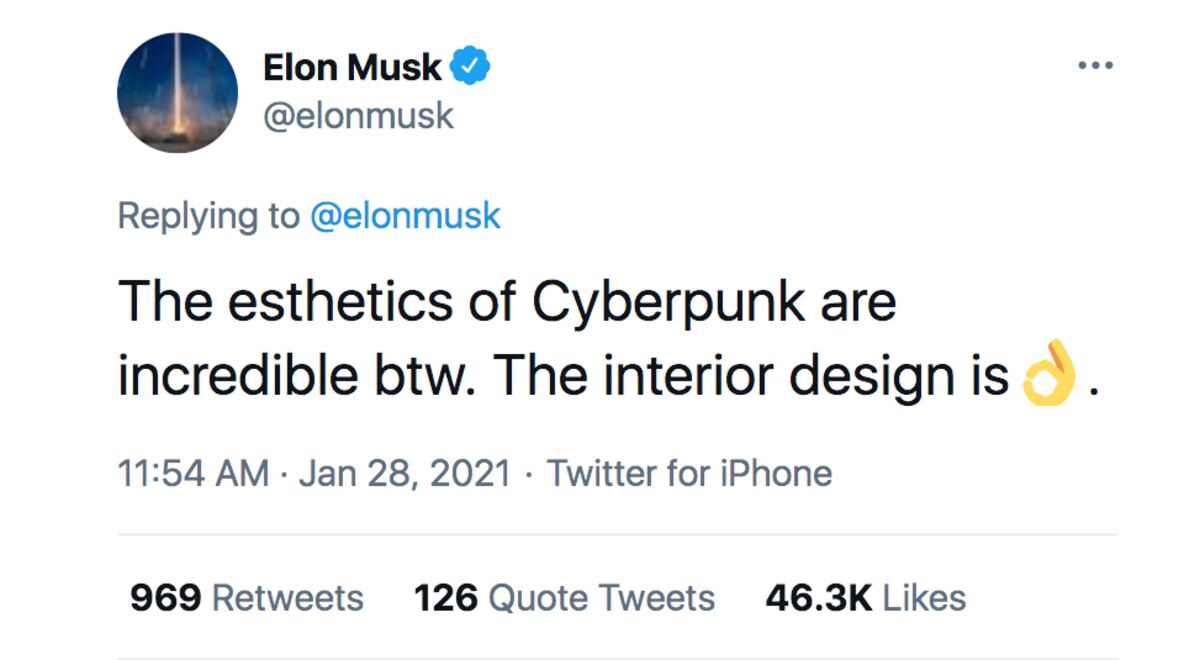 Elon Musk’s Cyberpunk 2077 tweet gives the CD project the biggest boost since 2015