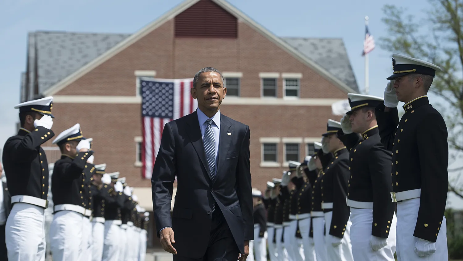 President Barack Obama arrives to deliver the keynote address during the 134th Commencement Exercises of the US Coast Guard Academy in New London, Connecticut, on May 20, 2015.
